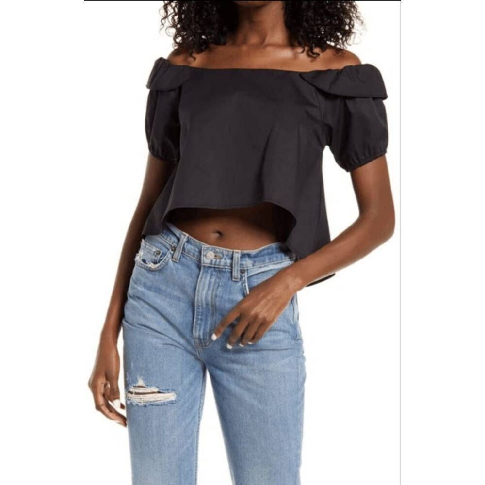 Amylynn‎ Womens Off The Shoulder High Low Cotton Blouse Top Black Medium NWT